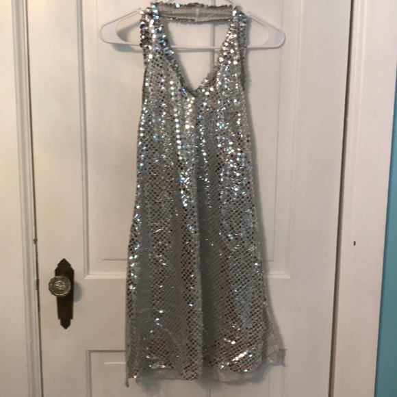 curtain call Costumes 3 Silver Sequin Halter Dress Hair Tie And